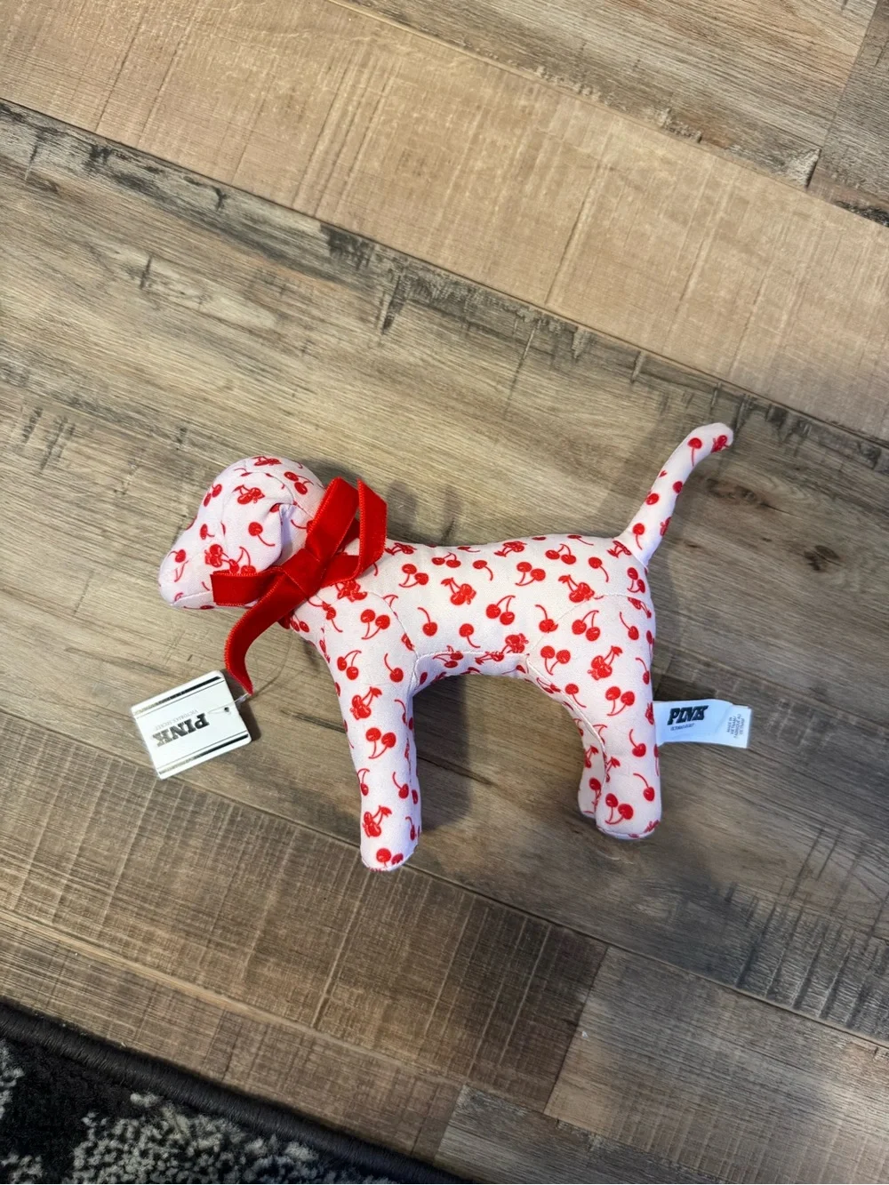 Victoria’s Secret Pink Y2K Pink Red Cherry Print Stuffed Animal Dog NEW OS - Picture 2 of 5